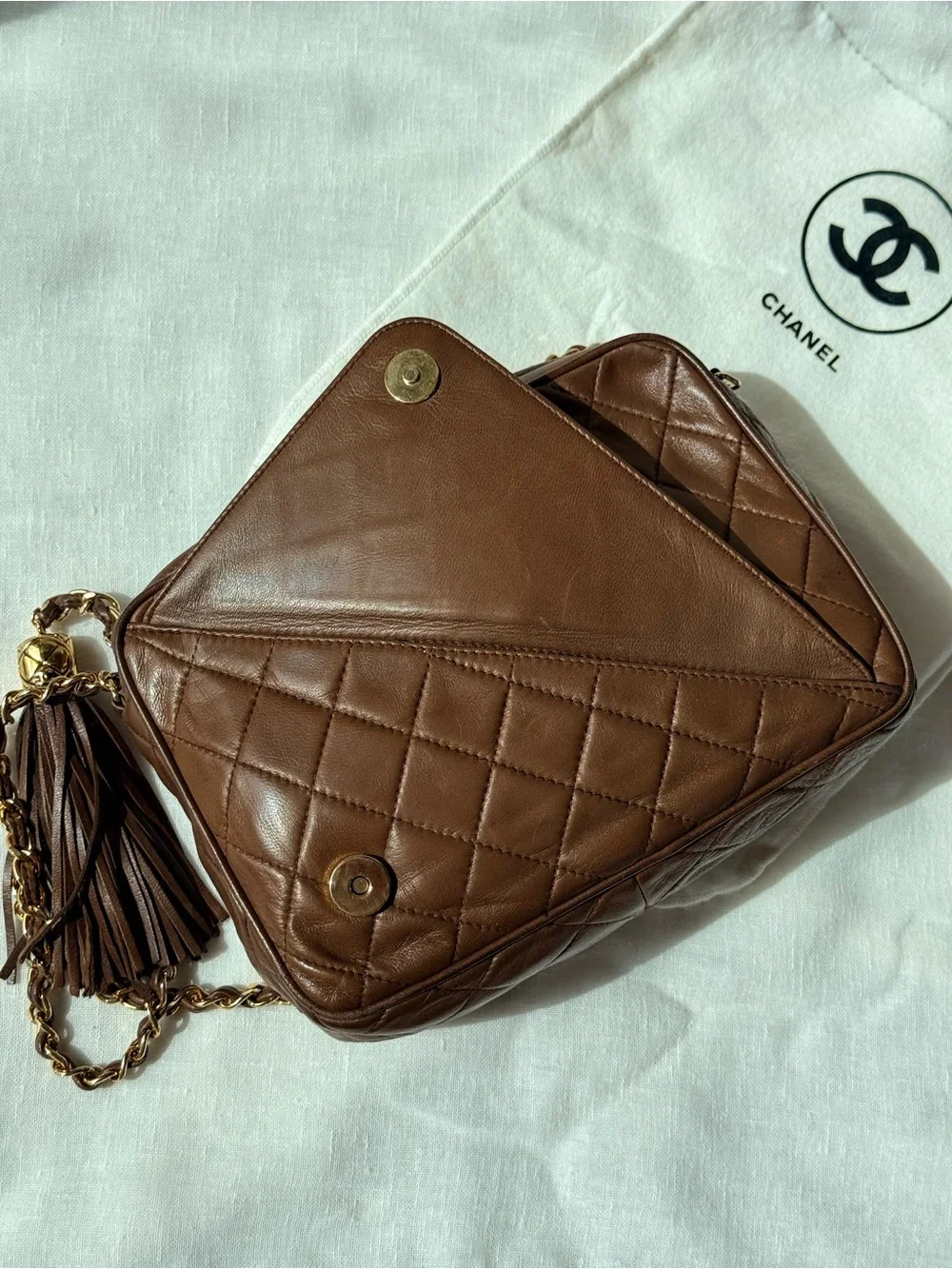 Vintage CHANEL Brown Lambskin Tassel Camera Bag CC Gold Chain 1 Series Rare